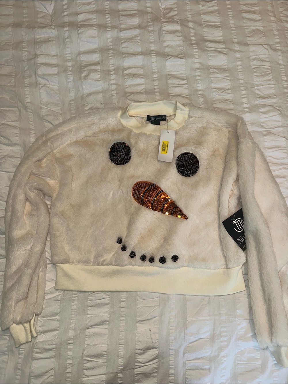 Miss Chievous Ivory Sequin Snowman Sherpa Christmas Sweater M NWT
